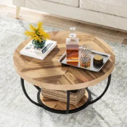 31.7" Round Coffee Table, Rustic 2-Tier Center Table with Storage Open Shelves