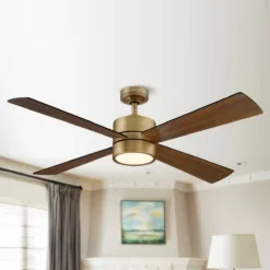 52" Antique Brass Wood 4-Blade Indoor Ceiling Fan with Light and Remote
