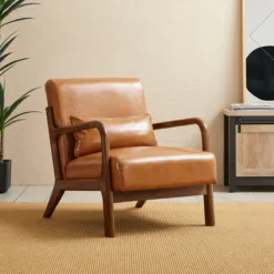 Glitzhome 30.75"H Mid-Century Modern PU Leather Armchair Accent Chair with Pillow